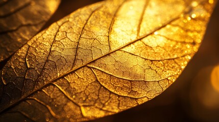 Obraz premium Golden Leaf with Dew Drops Close Up