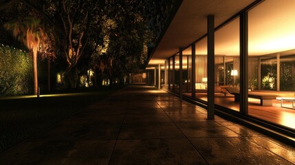 Fototapeta premium Nighttime modern house pathway, tropical gardens, interior living