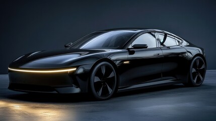 New black metallic sedan car in spotlight. Modern design, brandless