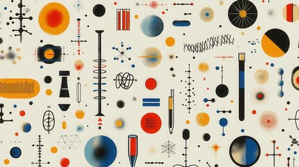 A colorful abstract pattern featuring various shapes, lines, and symbols, creating a visually stimulating design that evokes a sense of creativity and exploration.