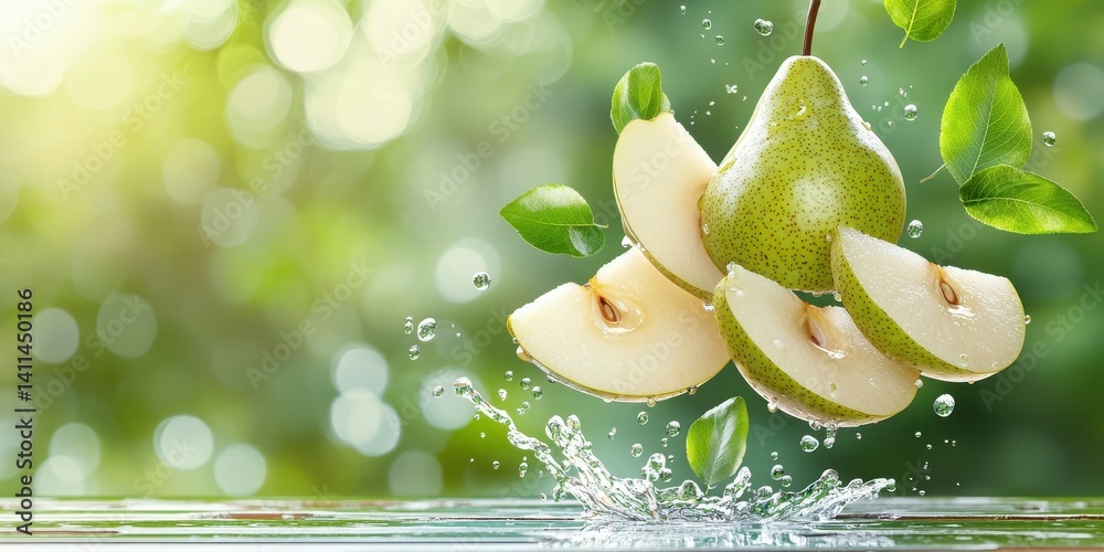 Poster Fresh Pear Splashing in Water with Leaves and Green Background