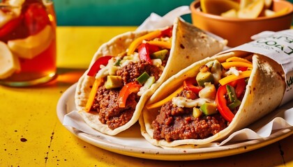 Delicious Tacos Filled With Meat And Vegetables On A Plate