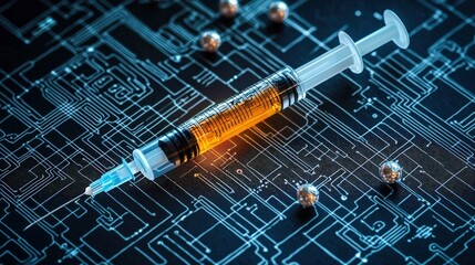 A syringe filled with a yellow liquid rests on a circuit board, symbolizing the intersection of technology and medicine.