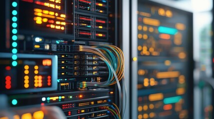 A close-up view of a server room featuring illuminated servers and colorful cables, showcasing the complexity of modern data storage.