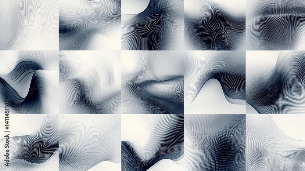 Poster an abstract pattern of wavy lines in black and white, creating a visually striking grid of textures 