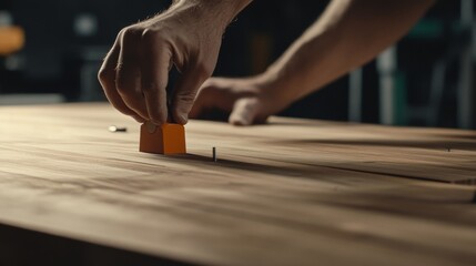 Carpenter assembling wooden table. Indoor workshop