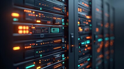 A futuristic server room with illuminated hardware, showcasing advanced technology for data processing and storage.