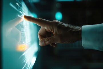 Close-up of a hand interacting with a futuristic touchscreen interface in a tech environment