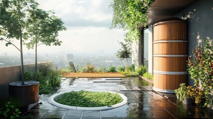 Naklejka premium Wet rooftop garden featuring lush greenery, wooden hot tub, and city skyline. Visualize luxury living, relaxation, and nature in an urban environment.