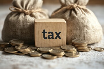 Understanding tax responsibilities through wooden cubes and bags of coins on a beige background