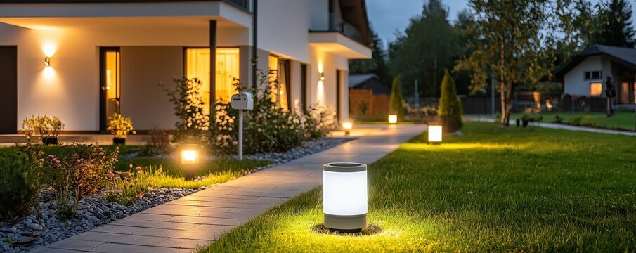 A modern outdoor space featuring a well-lit pathway and stylish lanterns, enhancing the serene atmosphere of a contemporary home.