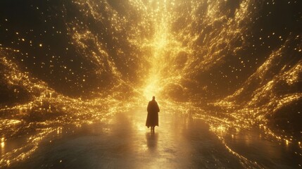 Person Walking Through Glowing Golden Particles Path