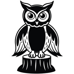 Black and White Owl Silhouette on Stump Detailed Bird Icon, Isolated on White