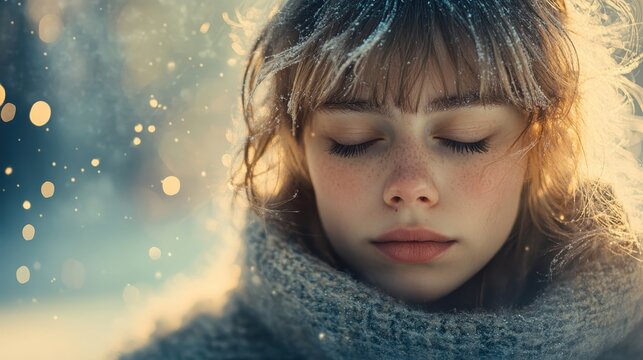 A young girl with her eyes closed stands peacefully in a snowy landscape, her cheeks rosy from the cold. Snowflakes gently fall around her, creating a serene winter scene.
