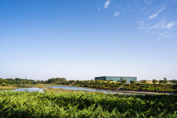Modern Architecture by a Serene Lake in a Lush Landscape