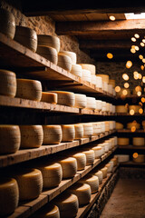 Fototapeta premium Rows of aging cheese wheels neatly arranged on wooden shelves in a rustic cellar.