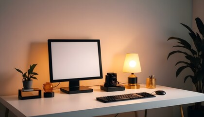 Black frame mockup with a lamp and workspace accessories on a white table. Portrait orientation.