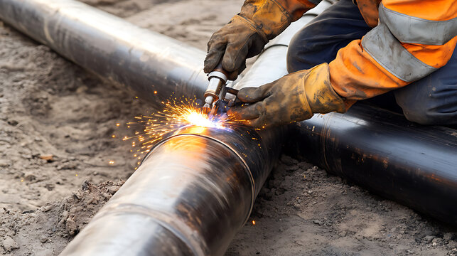 A welder cutting metal pipes. Featuring skill and safety