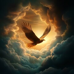 Obraz premium A majestic bird soaring through vibrant clouds at sunset, symbolizing freedom and peace.