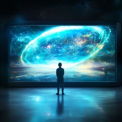 A person gazes at a mesmerizing cosmic display of vibrant colors and galaxies.