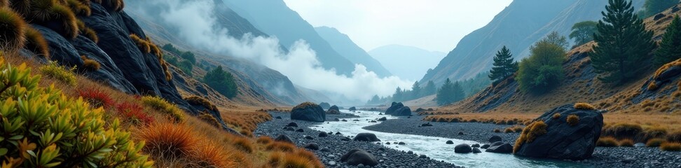 Steaming valley, colorful rocks, lush plants, misty backdrop, geothermal, rocks, book