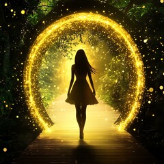 A silhouette of a woman walking through a magical golden portal in a lush forest.