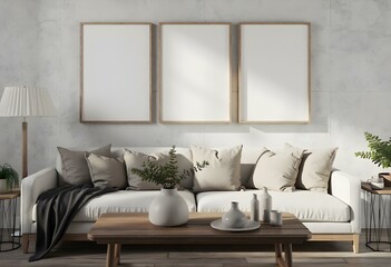Three vertical frames hanging above a couch with pillows , a wooden table with vases and plates in a living room