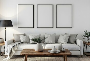 Three vertical frames hanging above a couch with pillows , a wooden table with vases and plates in a living room