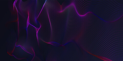 Fototapeta premium Futuristic background wave flow with color particles on dark. Digital technology concept computing data. Abstract noisy surface with color points. Big data.