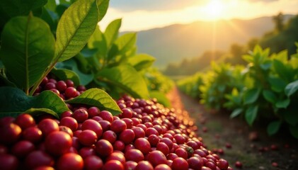 Sun-drenched coffee plantation, ripe beans harvested , South America, Costa Rica