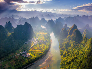 Drone shot of the Xianggong Hill viewpoint panorama in Yangshuo, Guangxi, China