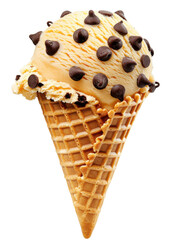 Chocolate chip ice cream cone isolated on white background transparent PNG clipart.