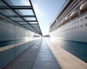 Luxury cruise liner alongside a modern port terminal, reflecting sunlight - journey opulent design stylish sun