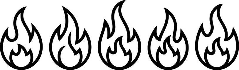 Five Stylized Fire Icons In A Row,Vector Illustration On White Background