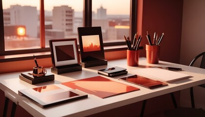 Black frame mockup with workspace accessories on a white table. Portrait orientation.
