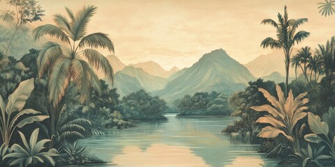 Wallpaper serene tropical landscape painting in pastel tones	
