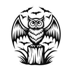 Black Silhouette Owl with Wide Wings & Bats Circle Design on Stump in Black & White