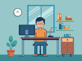 Focused Young Man Working at His Home Office Desk