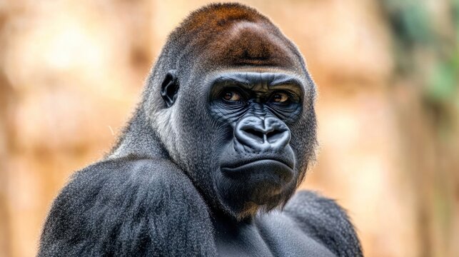 A close portrait of a majestic silverback gorilla looking forward