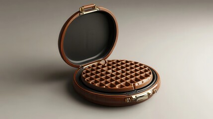 Open waffle maker with cooked waffle inside on neutral background. Use it for blogs, recipes, or breakfast-themed designs.