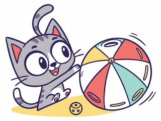 Adorable Kitten Playing with Beach Ball Fun Cartoon Illustration