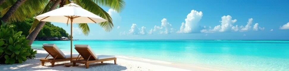 Obraz premium Two lounge chairs, umbrella, tropical beach, turquoise water, sun, scenic