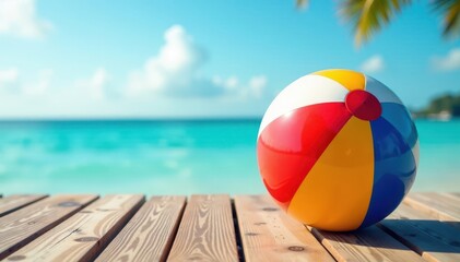 Obraz premium Vibrant beach ball on wooden deck, ocean view , blue, coast