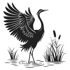 Crane Silhouette Spreading Wings in Water with Reeds, Nature, Black and White