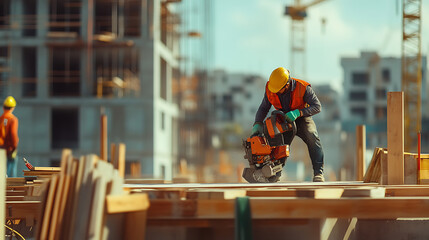 A construction worker working with a power saw at a building site. Featuring skill and efficiency