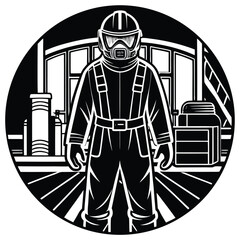 Black and White Illustration of Hazmat Suit Worker in Industrial Setting Circle Design