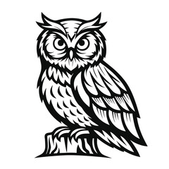 Detailed Owl on Log Silhouette, Tribal Bird, Black and White Outline, Wildlife Design
