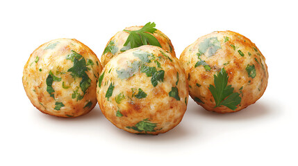 Four golden, parsley-topped meatballs on white background