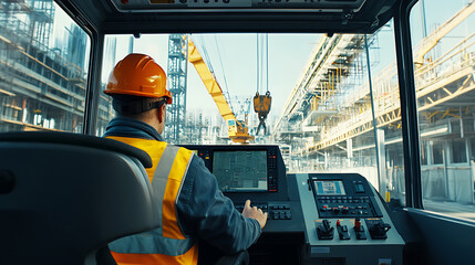 A crane operator inside a control cabin at a construction site. Featuring precision and control