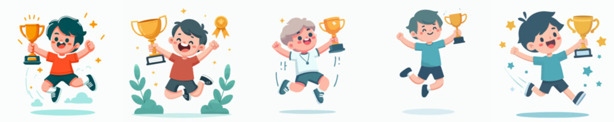 Vector collection of a happy boy jumping while lifting a trophy